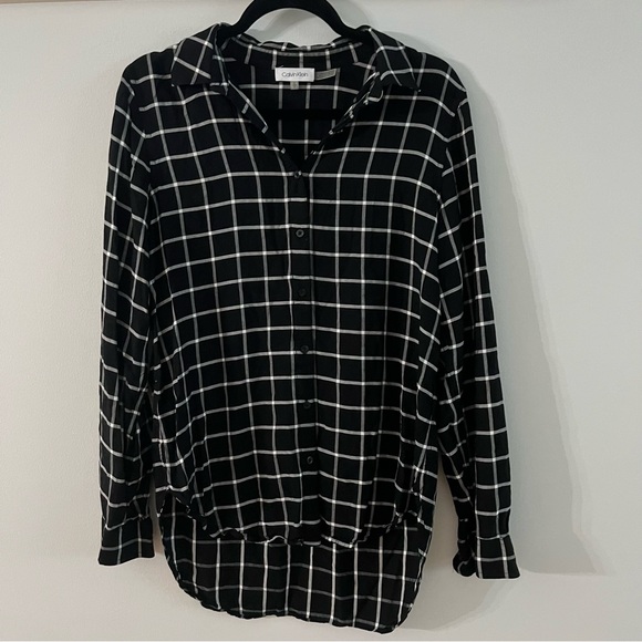 Calvin Klein Windowpane Black and White Oversized Button Down Blouse- Size S/P - Picture 1 of 9